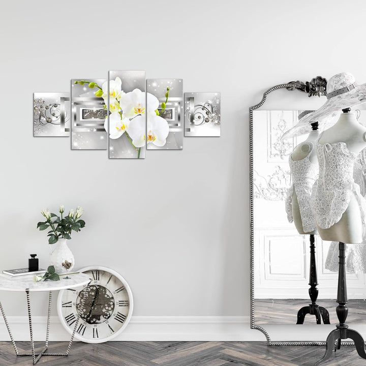 Runa Art Wandbilder Blumen Orchidee 5 Teilig Bild auf Vlies Leinwand Deko Wohnzimmer Ornament Silber