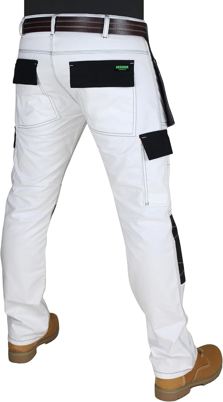 HASHOOB Herren Arbeitshose Maler Dekorateure Weisse Cargohose Pants Weiss-2 38W / 30L, Wei&#xDF;-2 3