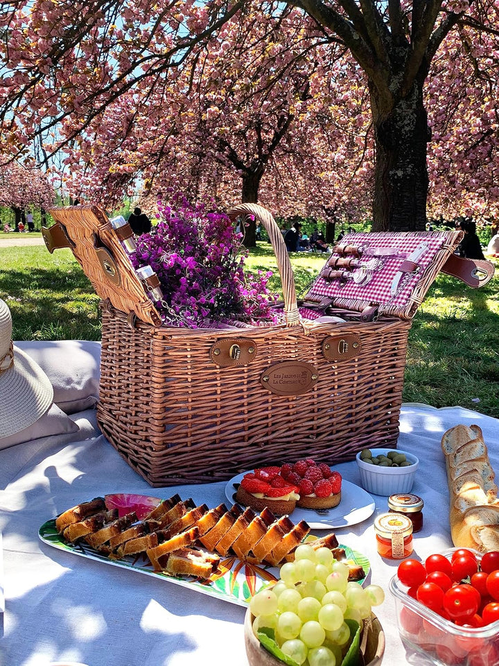 Picknickkorb Saint-Germain rotkariert aus dunkler Weide - Korb mit Fach für eine Flasche - für 4 Per