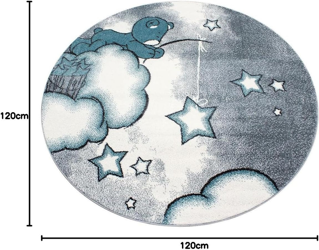 Teppium Kinderteppich für Jungen und Mädchen Bär Muster 120 cm Rund Blau - Kurzflor Waschbarer Teppi