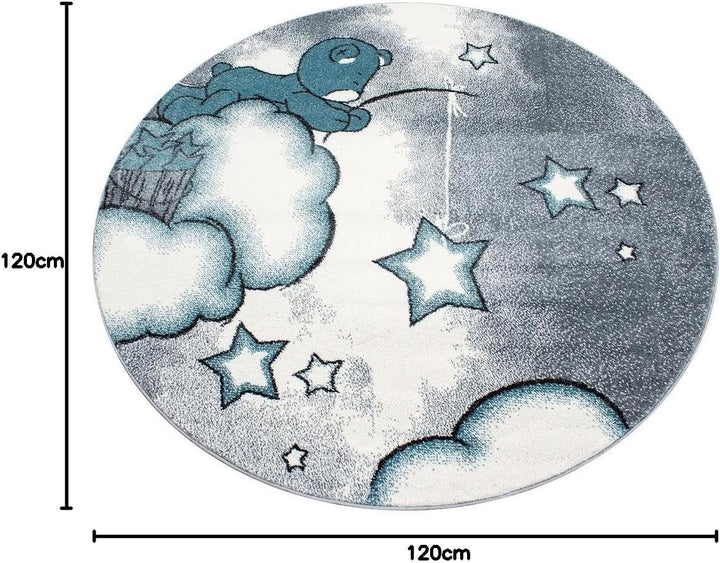 Teppium Kinderteppich für Jungen und Mädchen Bär Muster 120 cm Rund Blau - Kurzflor Waschbarer Teppi
