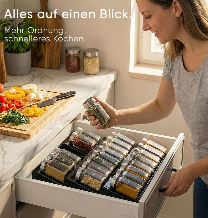 Deco haus® Gewürzregal mit Gläsern [MIT 24 GEWÜRZGLÄSER & ETIKETTEN] - Gewürzregal Schublade auszieh
