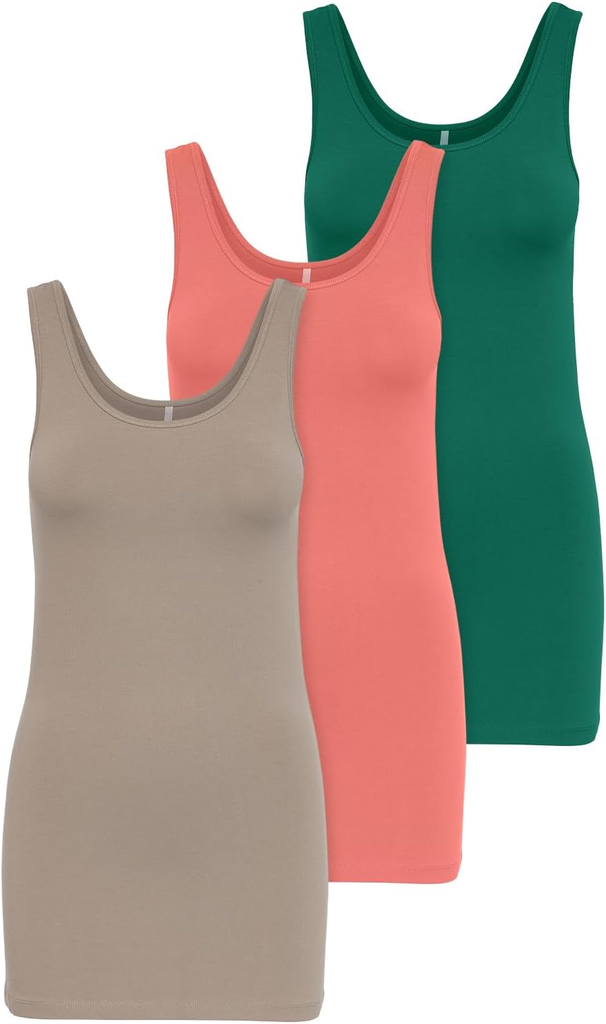 ONLY 3er Pack Damen Oberteile Basic Tank Tops weiss, schwarz, grau, blau, Creme Frauen Shirt lang So