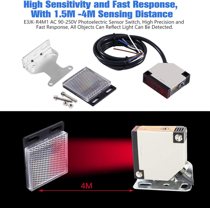 Keenso Reflexlichtschranke, 1 Stk E3JK-R4M1 Reflexions-Lichtschranke AC 90-250V 3A Lichtschranke Spi
