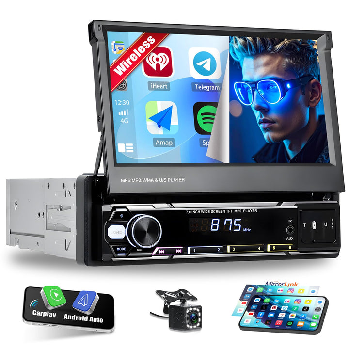 CAMECHO Autoradio 1 Din Wireless Carplay mit 7 Zoll Touchscreen Bluetooth Radio Manuelle Ausfahrbare