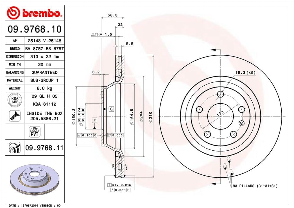 Brembo 09.9768.11 Hintere Bremsscheibe mit UV Lackierung, Anzahl 2