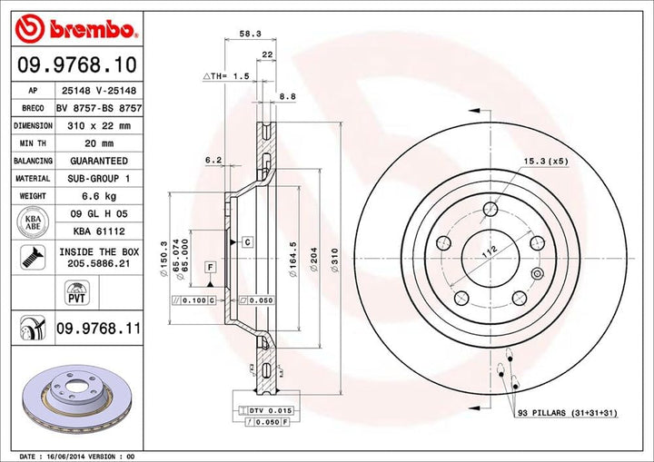 Brembo 09.9768.11 Hintere Bremsscheibe mit UV Lackierung, Anzahl 2