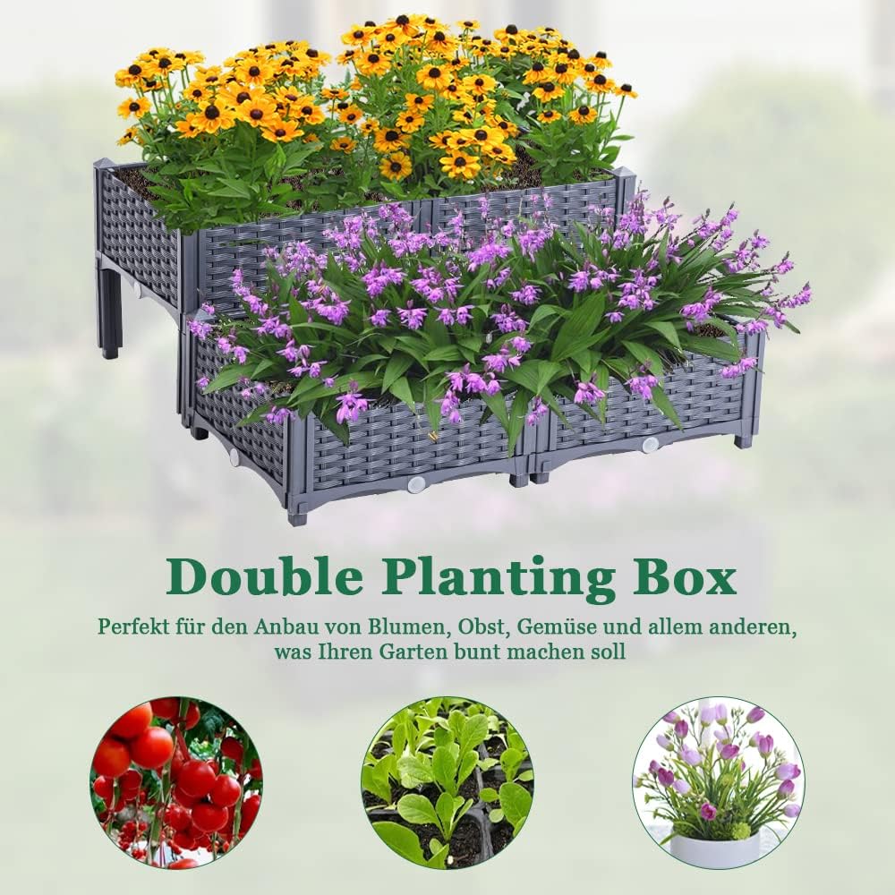 Mingone Blumenkasten Rattan Optik Blumentopf aus Kunststoff Blumenkasten Balkonkasten mit Wasserspei