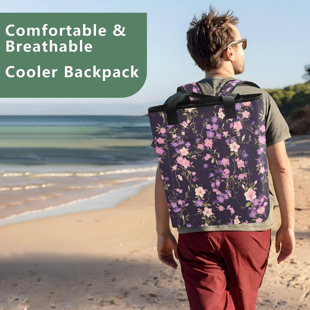 Kühlrucksack mit violetten Blumen, dunkel, isoliert, 41,5 cm, Jungen, grosse Tragetasche für Camping