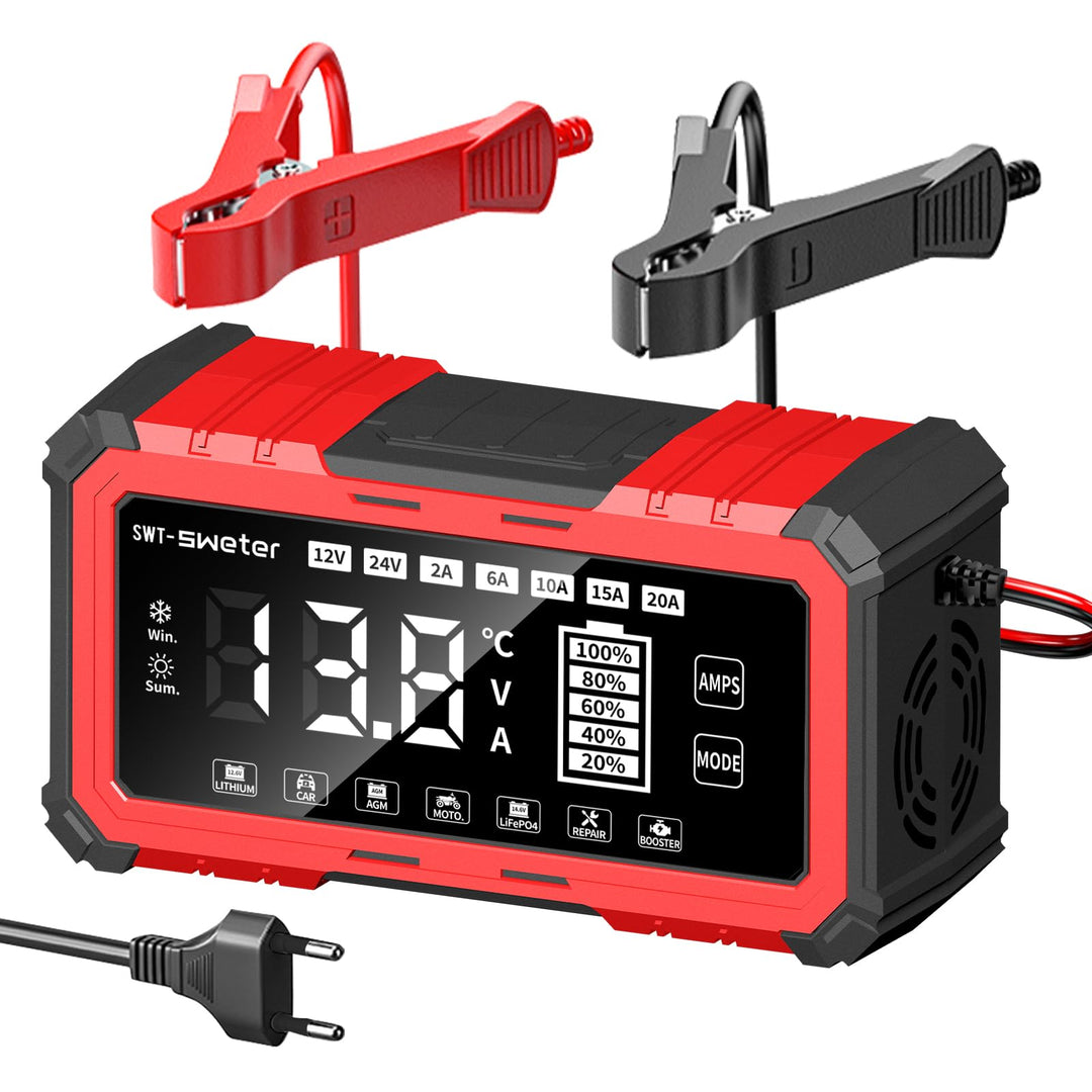 20A Car Battery Charger, 12V/24V Lifepo4 Lead Acid Battery Charger, Upgraded Automobile Smart Trickl