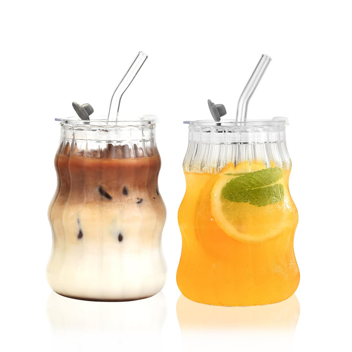 VITEVER 2 Stück 530ml Latte Macchiato Gläser mit Deckel und Strohhalm, Eiskaffee Gläser, Longdrinkgl