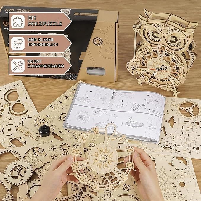 Robotime 3D Puzzle Holz Eule Uhr, Hölzerne Mechanische Modellbausatz für Erwachsene, Handwerk Holzba