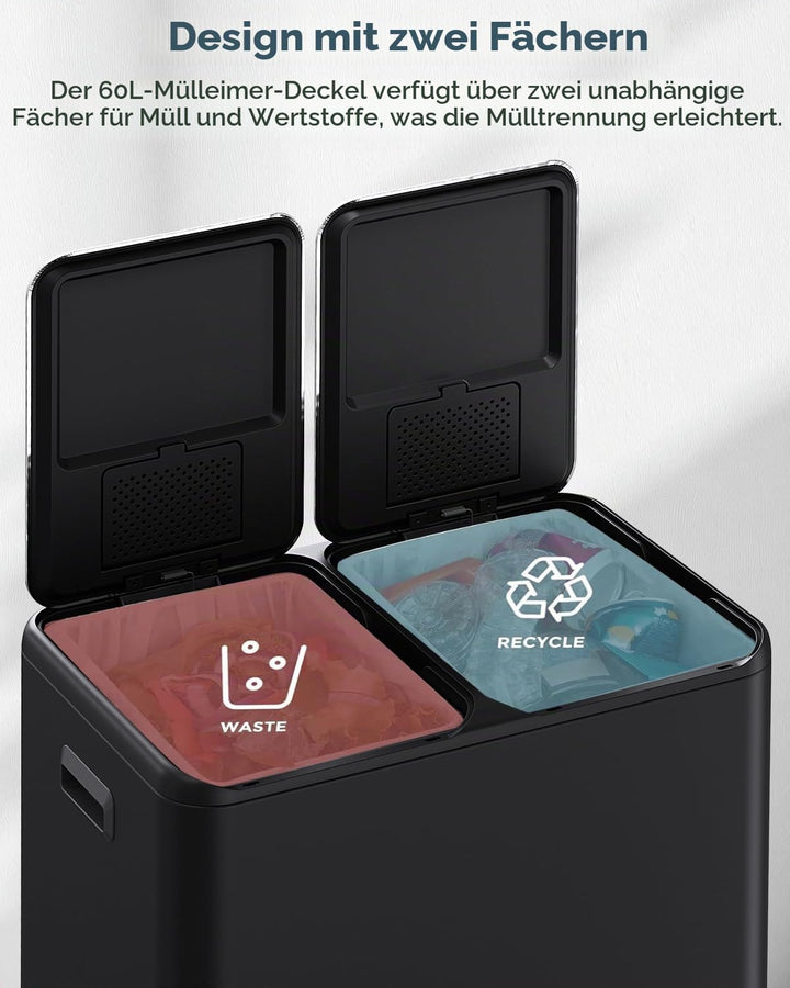LIFERUN Mülleimer 2 Fächer, 2 x 30 Liter Treteimer mit Geruchsfilter, Deckel Geräuschlos, Inneneimer