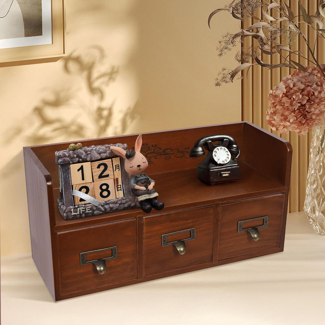 Vintage Desktop Schubladenbox Holz mit 3 Schubladen, Apothekerschrank Schmuckkästchen Holzkästchen H