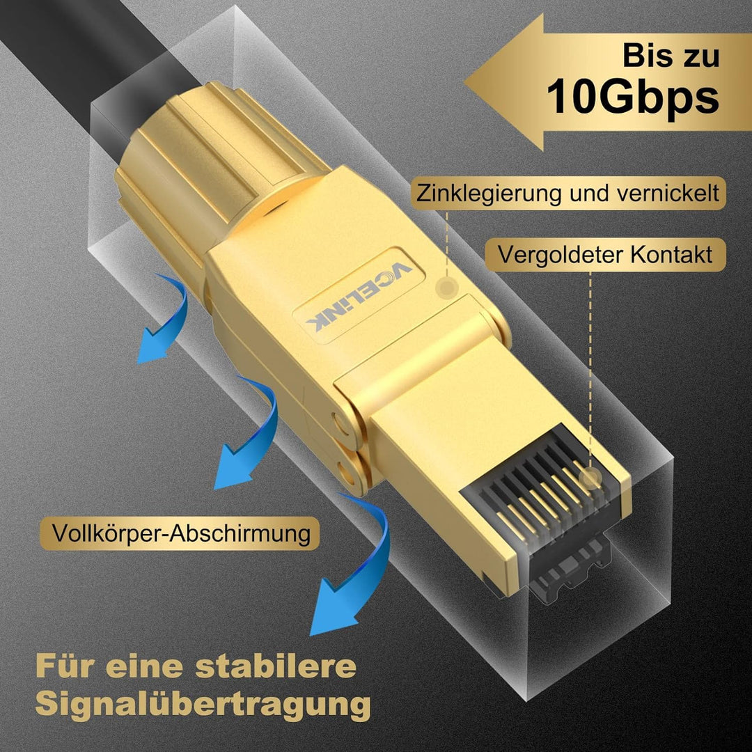 VCELINK RJ45 Stecker Werkzeuglos Cat 7 Cat6a, Netzwerkstecker POE++, Cat 7 Stecker 10 Gbps 600MHz Ge