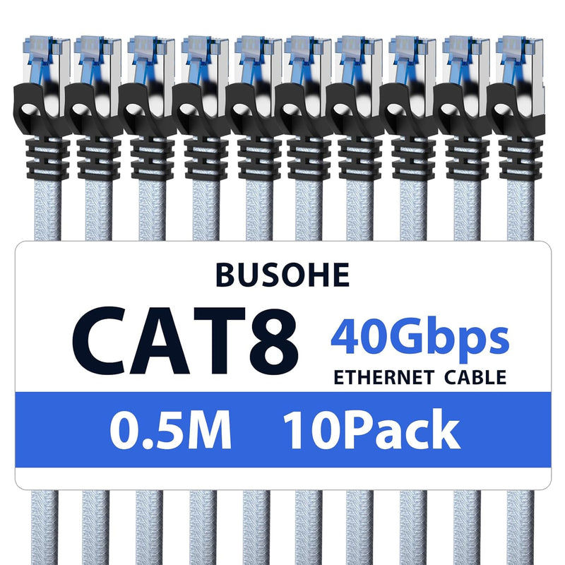 BUSOHE Cat 8 LAN Kabel 0,5m (10-Stück), 40Gbps 2000MHz Ethernet Kabel Netzwerkkabel, Flach Hochgesch