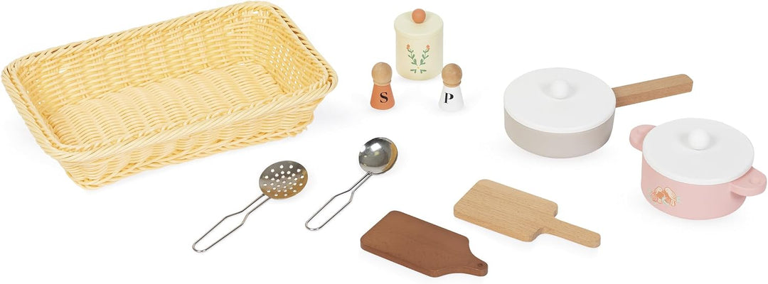 Janod - Kinderküche aus Holz - Ausgestattet mit Backofen, Spüle und 11 Zubehörteilen - Sonore Drehkn