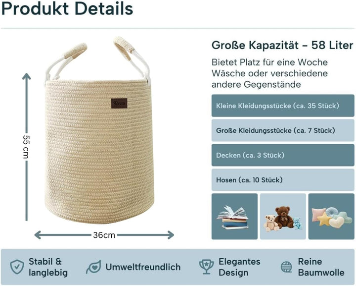 Wäschekorb aus Baumwolle 58 L Wäschesammler Aufbewahrungskorb, Baumwollseil mit Griff, Kordelzug, Wä