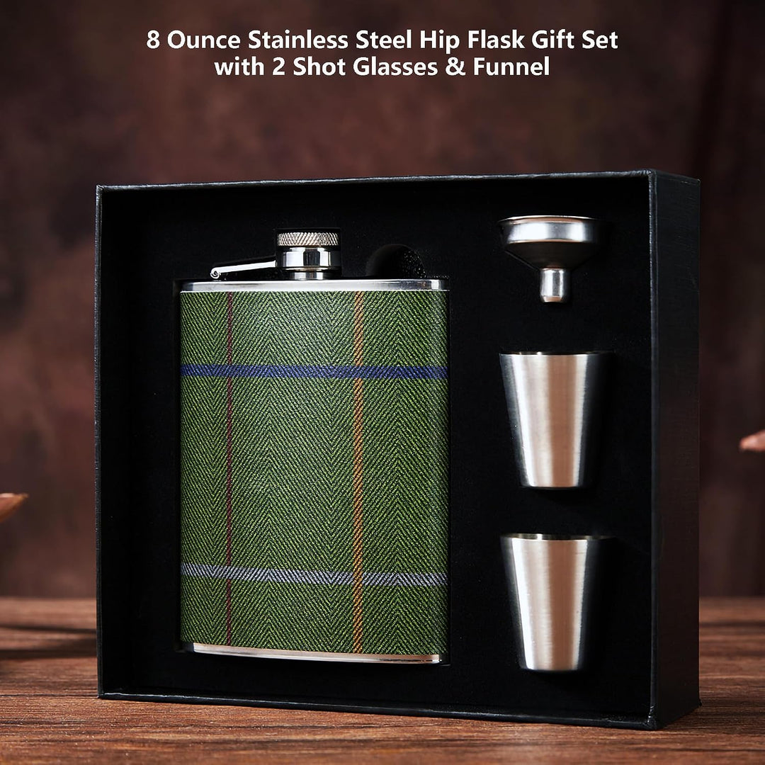 Luxuriöses 237 ml Edelstahl-Flachmann-Geschenkset mit 2 Schnapsgläsern und Trichter, lederbedruckter