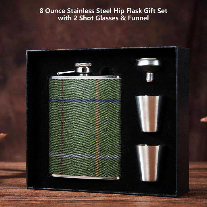 Luxuriöses 237 ml Edelstahl-Flachmann-Geschenkset mit 2 Schnapsgläsern und Trichter, lederbedruckter