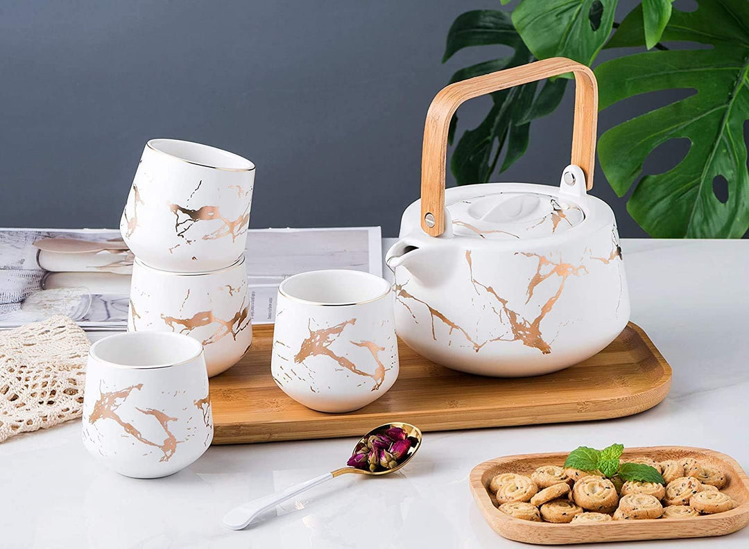 KKGUD Japanischer Stil Keramik Teeset, elegante Teekanne und 4 Teetassen mit Holztablett für Nachmit