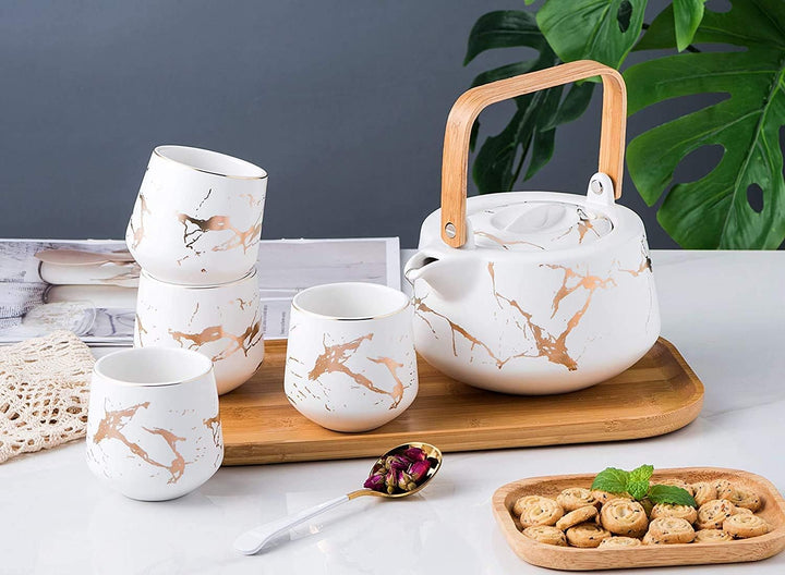 KKGUD Japanischer Stil Keramik Teeset, elegante Teekanne und 4 Teetassen mit Holztablett für Nachmit
