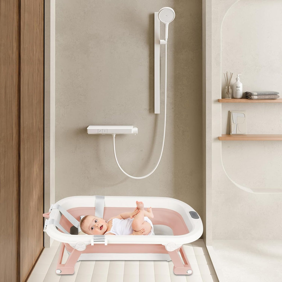 🔋Faltbare Babybadewanne XXL, mit Temperaturanzeige, Duschkissen, Duschstecker, rutschfeste Füsse, fa