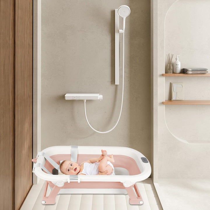 🔋Faltbare Babybadewanne XXL, mit Temperaturanzeige, Duschkissen, Duschstecker, rutschfeste Füsse, fa