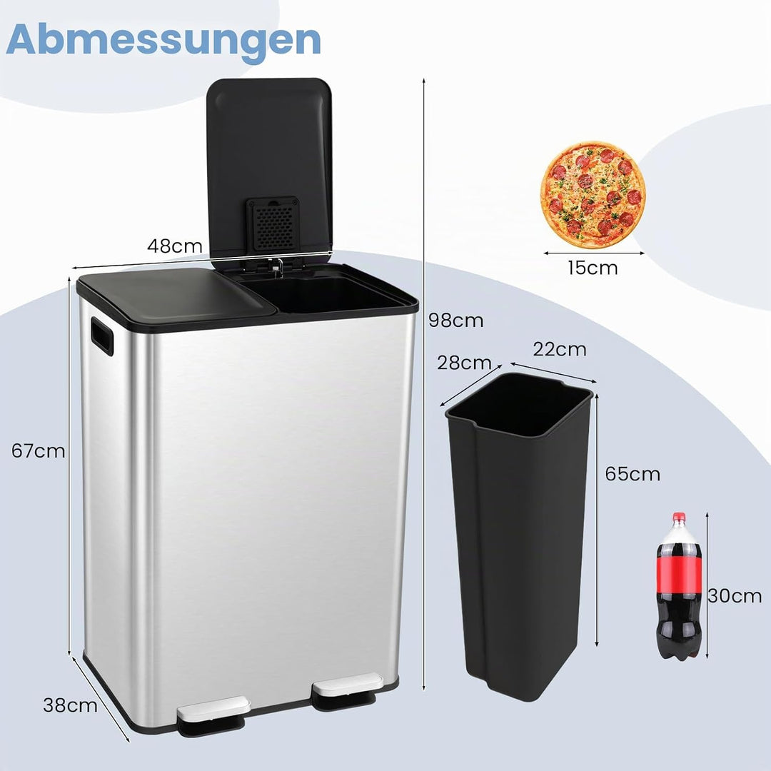 GIANTEX Mülleimer 2 Fächer 2 x 30 L, Doppelmülleimer Abfalleimer Küche, Küchenmülleimer Küchenabfall
