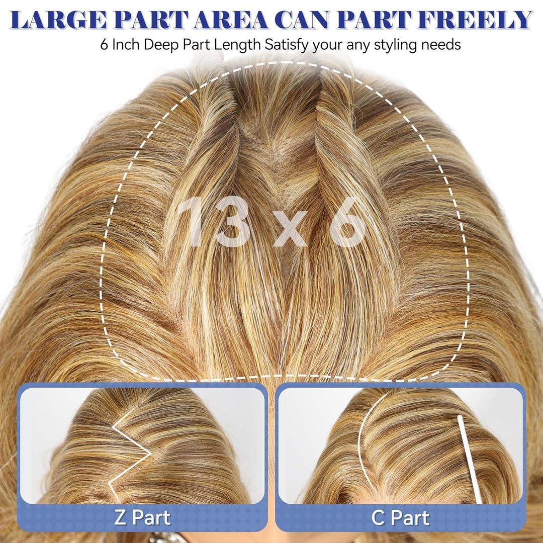 HAIRCUBE 13x6 HD Synthetische Lace-Front-Perücke, 24 Zoll blonde Highlights, lange lockige Stufenper