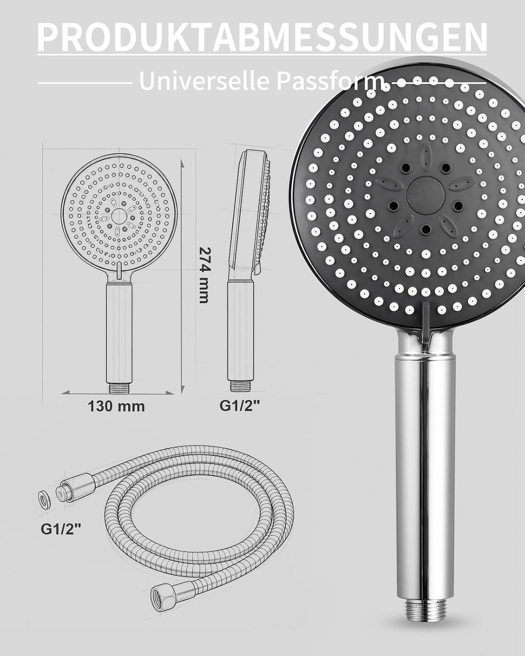 OFFO Duschkopf mit Schlauch 1,6m mit Verdrehschutz, Handbrause mit Filter 6 Strahlarten, Duschkopf G