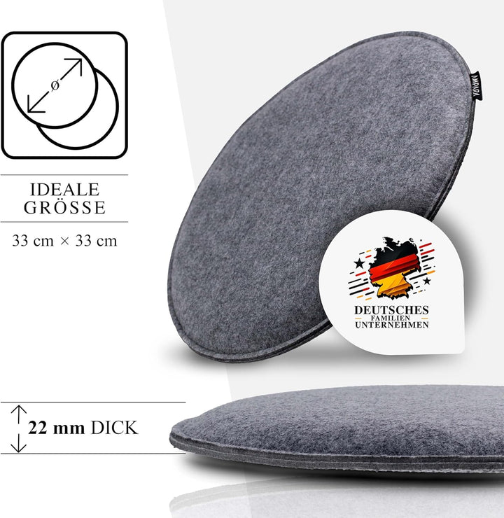 4er Set Stuhlkissen rund 33 cm - rutschfest &amp; Gemütlich - Sitzkissen Filz rund, Grau| für Stuhl, Ban