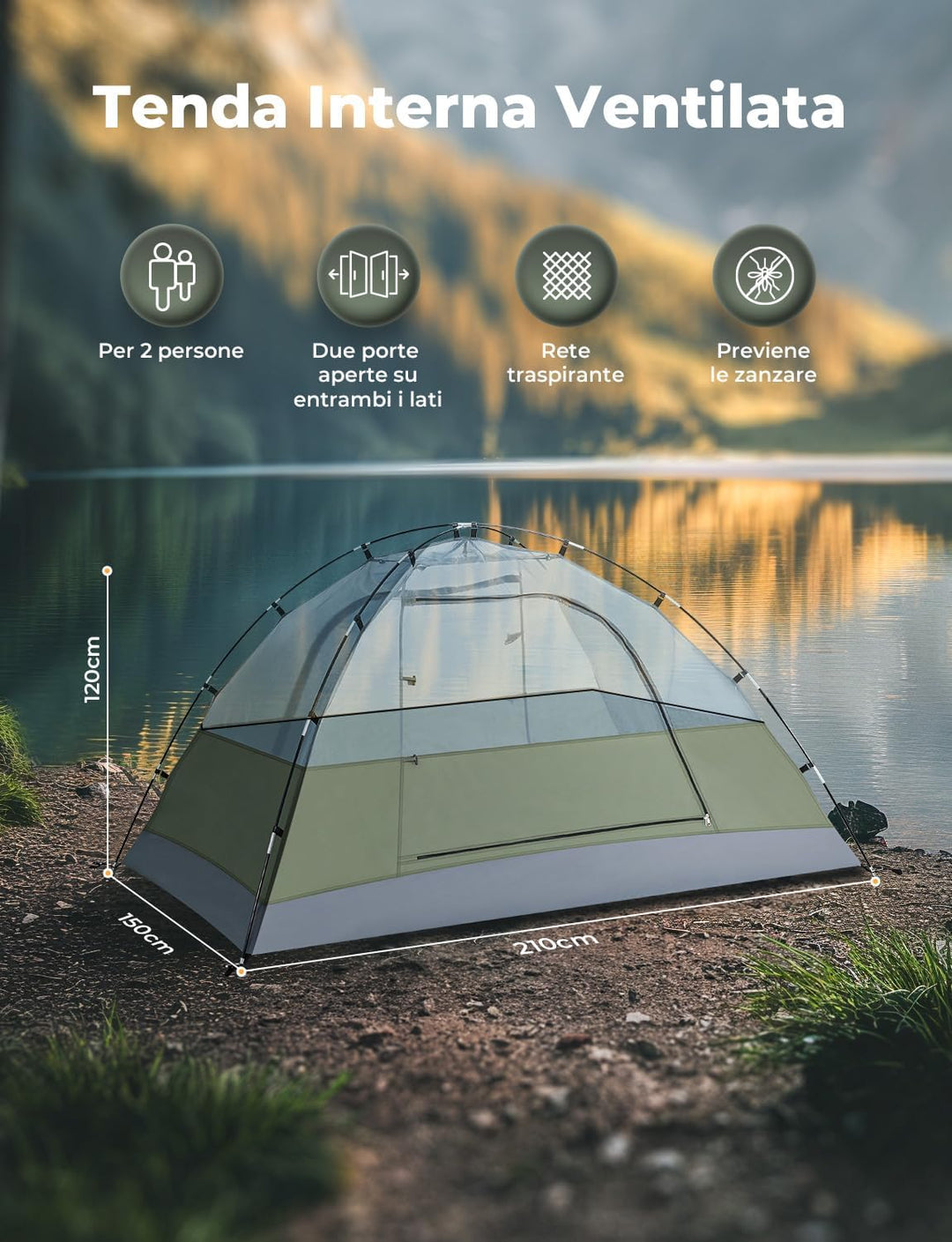 Campingzelt für 2-3 Personen, Doppel-Tür-Zelt, wasserdicht &amp; winddicht, innen und aussen, 2-in-1, ge