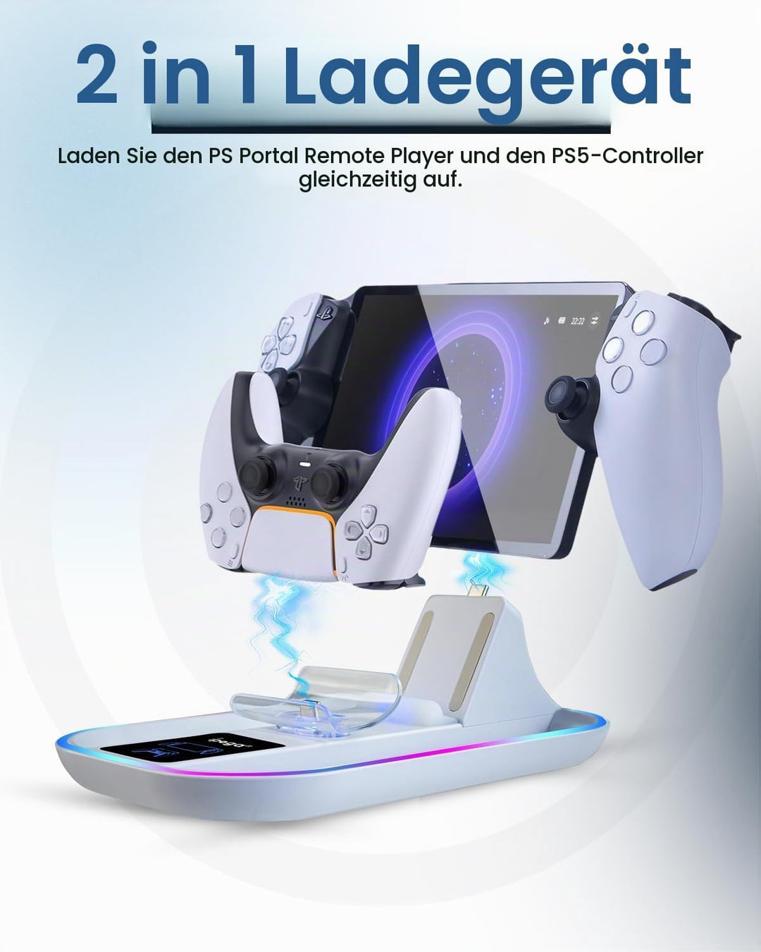 Ladestation für PS Portal und PS5 Controller,Tragbares Ladegerät mit RGB 14 Lichteffekt für PS Porta