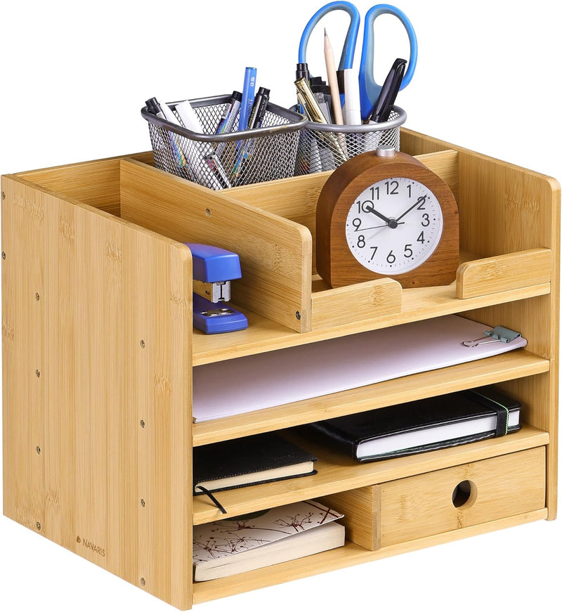 Navaris Schreibtisch Organizer Ablage aus Bambus - 33x24x26cm Ordnungssystem Briefablage aus Holz -