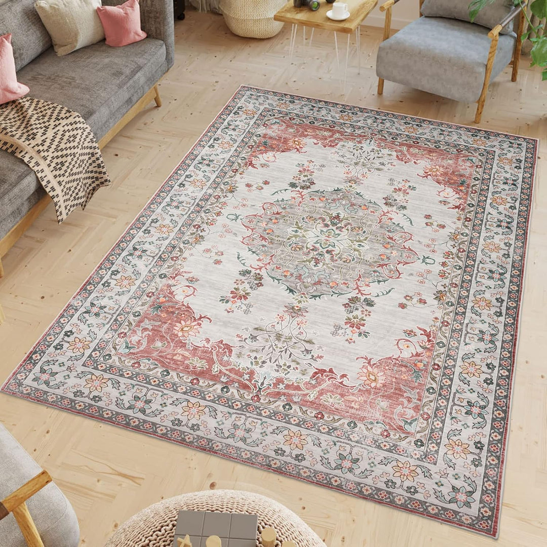 TALETA Mila Teppich Wohnzimmer, Blumenteppich Kurzflor,Wasserabweisender Orientalischer Küchenteppic