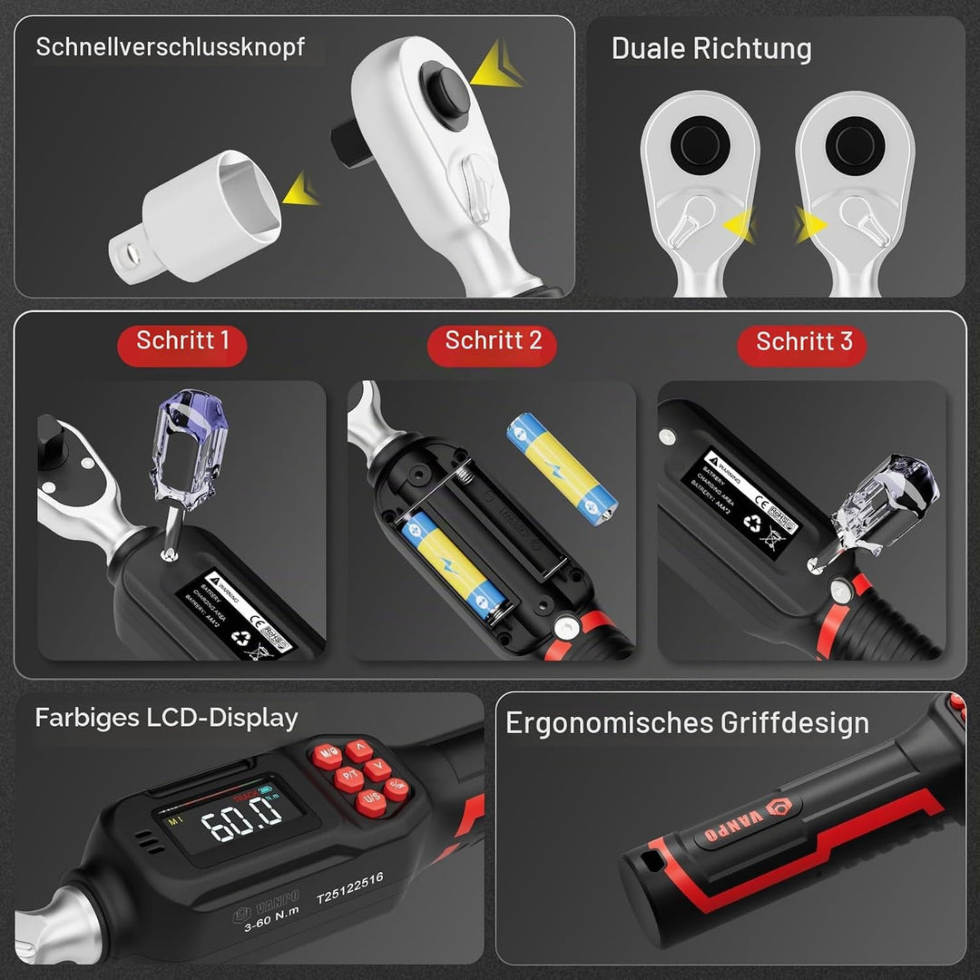 VANPO Digitaler Drehmomentschlüssel 3/8 Zoll(3–60 Nm) für Fahrrad &amp; Motorrad, ±2% Genauigkeit Elektr