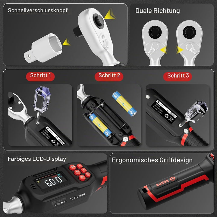 VANPO Digitaler Drehmomentschlüssel 3/8 Zoll(3–60 Nm) für Fahrrad &amp; Motorrad, ±2% Genauigkeit Elektr