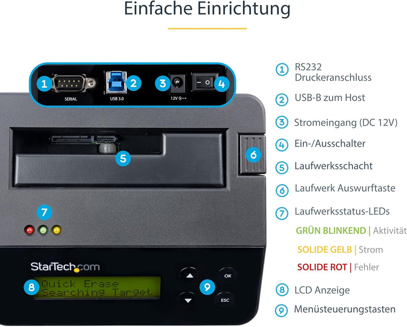 StarTech.com 1-Bay Festplatten Löscher, Selbständiges HDD/SSD Löschgerät, USB 3.0 auf SATA II (3 Gbi