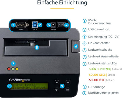 StarTech.com 1-Bay Festplatten Löscher, Selbständiges HDD/SSD Löschgerät, 4Kn, USB 3.0 auf SATA III