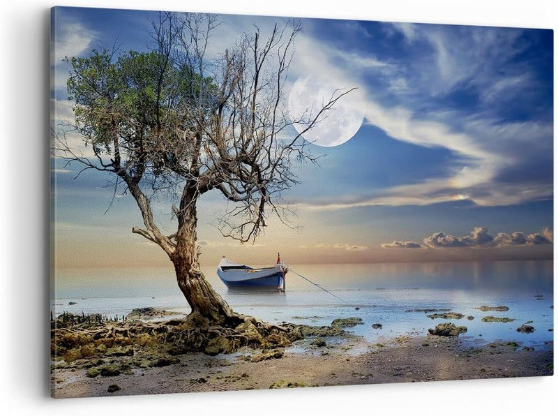 Bilder auf Leinwand 100x70cm Leinwandbild mit Rahmen Nacht Mond Boot Gross Wanddeko Bild Schlafzimme