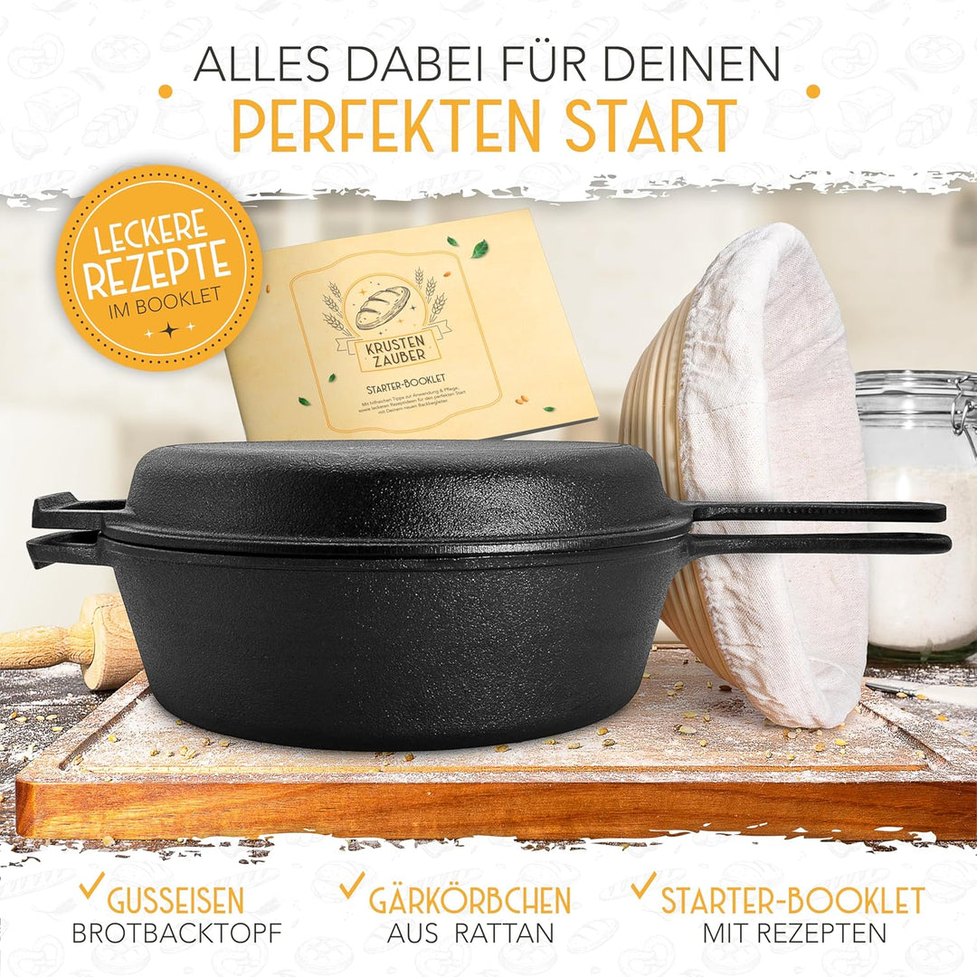 KRUSTENZAUBER 26cm Gusseisen Topf Brot Backen inkl. Gärkorb - Robuster Brottopf zum backen - Ideale