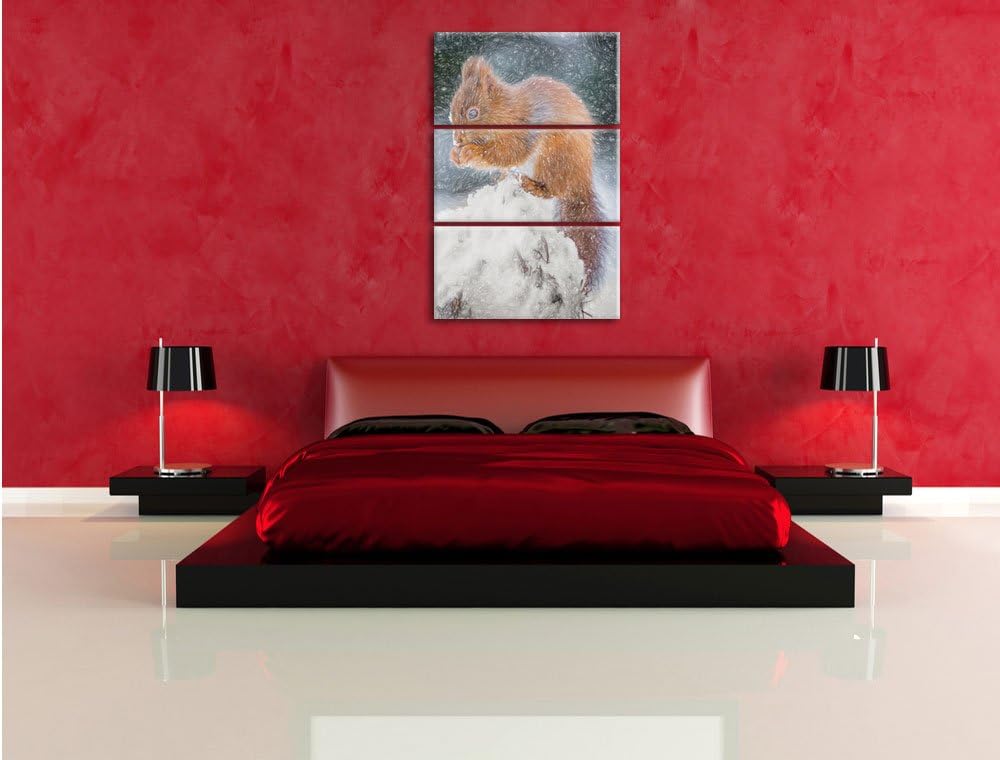 Pixxprint Kleines Eichhörnchen im Winter Bunstift Effekt 3-Teiler Leinwandbild 120x80 Bild auf Leinw