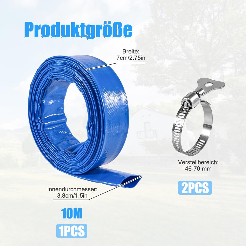 Gewebeschlauch 1 1/2 Zoll, 10M Flachschlauch Ø 38 mm, Blau Gewebeschlauchset mit 2 Clips für Tauchpu