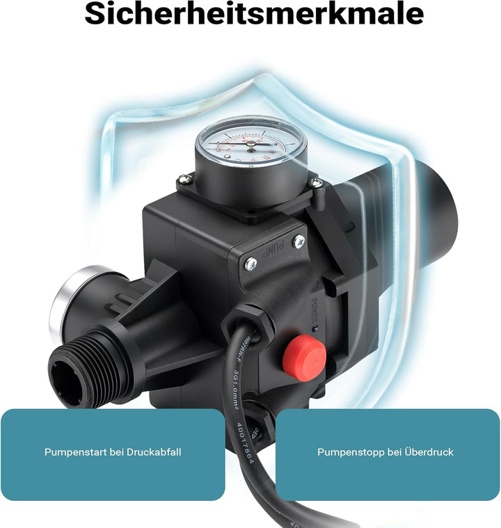 Wiltec Druckschalter SKD-3 230V 1-phasig bis 10 bar, Druckwächter mit Trockenlaufschutz für Hauswass