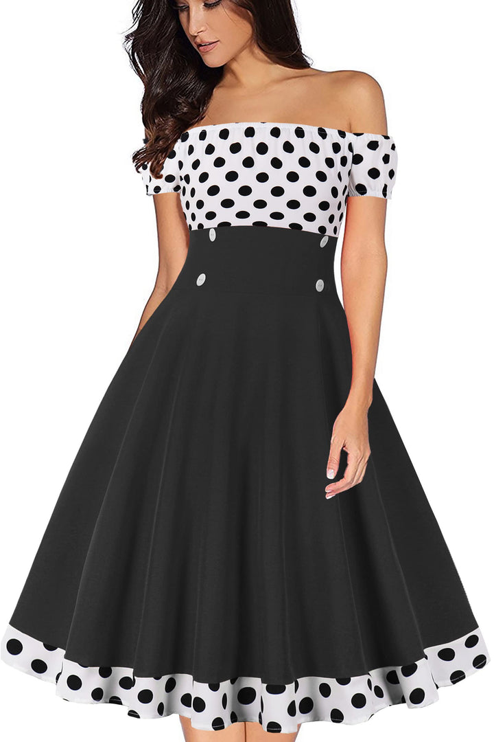 AXOE Damen Schulterfrei Kleid 50er Jahre Cocktailkleid mit Kurz Ärmel XS Schwarz/Weiss, S