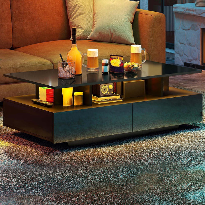 YITAHOME Couchtisch Schwarz, Wohnzimmertisch Hochglanz mit 16-Farbiger LED Beleuchtung Modern, Beist
