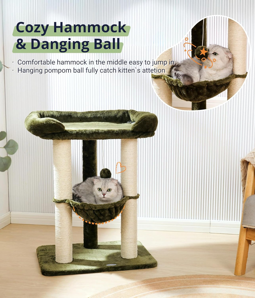Happi N Pets 71 cm Kratzbaum für Katzen, Hoher Kratzstamm mit grossem Bett für grosse Katzen, Sisal-