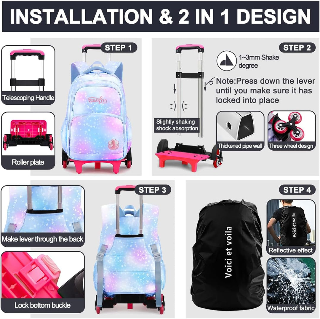 Voici et Voila 3PCS Schulrucksack Rollen Mädchen Trolley Rucksack mit Rollen Mädchen Teenager Schult
