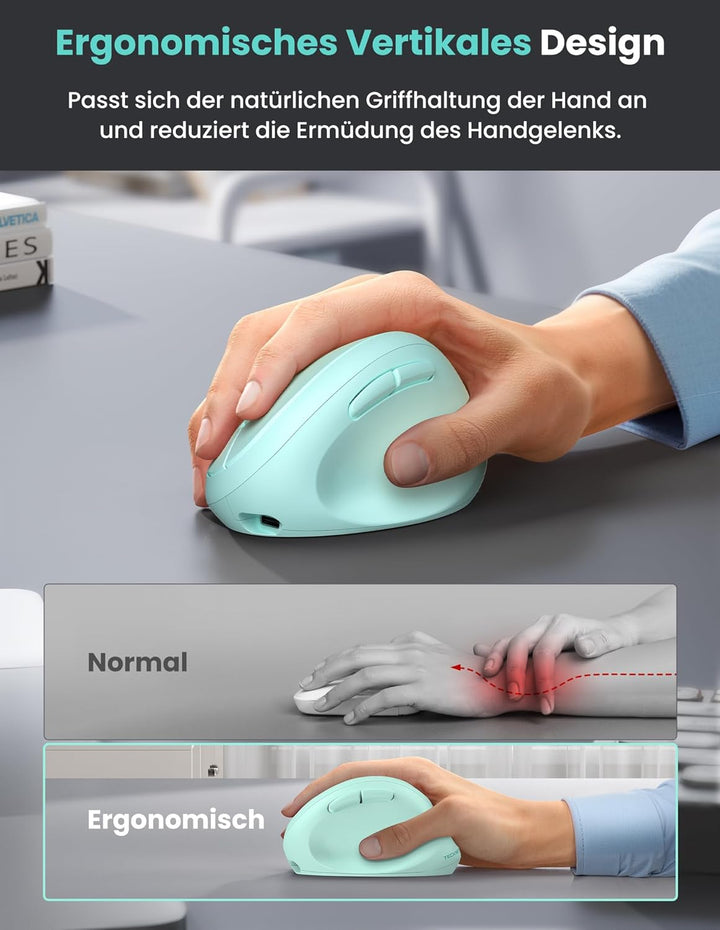 TECKNET Ergonomische Maus Bluetooth, Wiederaufladbar Maus Kabellos mit 3 Gerät (BT 5.0/3.0 + 2.4G),